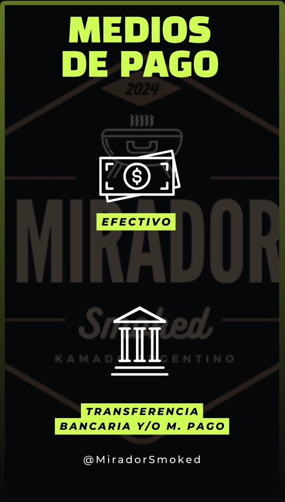 Medios de pago Mirador Smoked: efectivo, transferencia y Mercado Pago